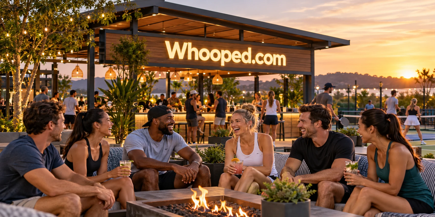 Friends playing on an outdoor basketball court with Whooped.com on the court banner