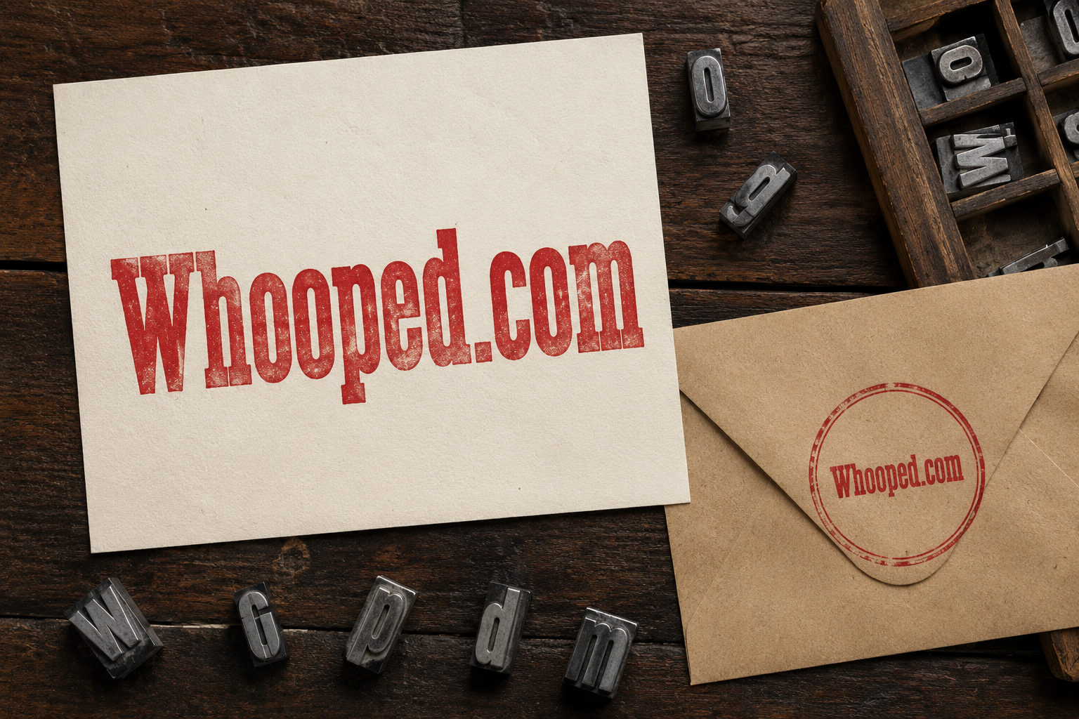 Whooped.com stamped on a paper proof